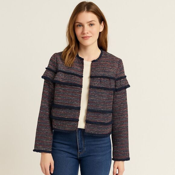 Revolve SugarLips Tweed Ruffle Fringe Jacket in Navy Blue and Red - Picture 1 of 10